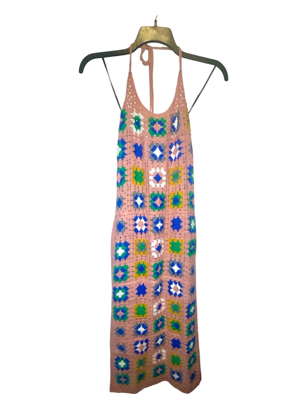 Forever 21 Pink Crochet Maxi Dress with Blue & Green Motifs
